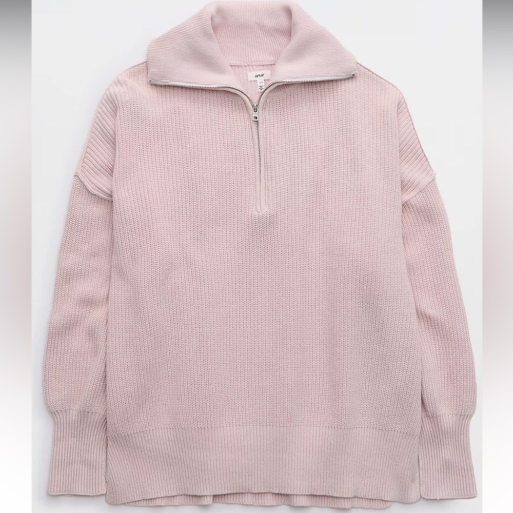 Aerie Oversized Cotton Quarter Zip Sweater Small Light Pink NWT